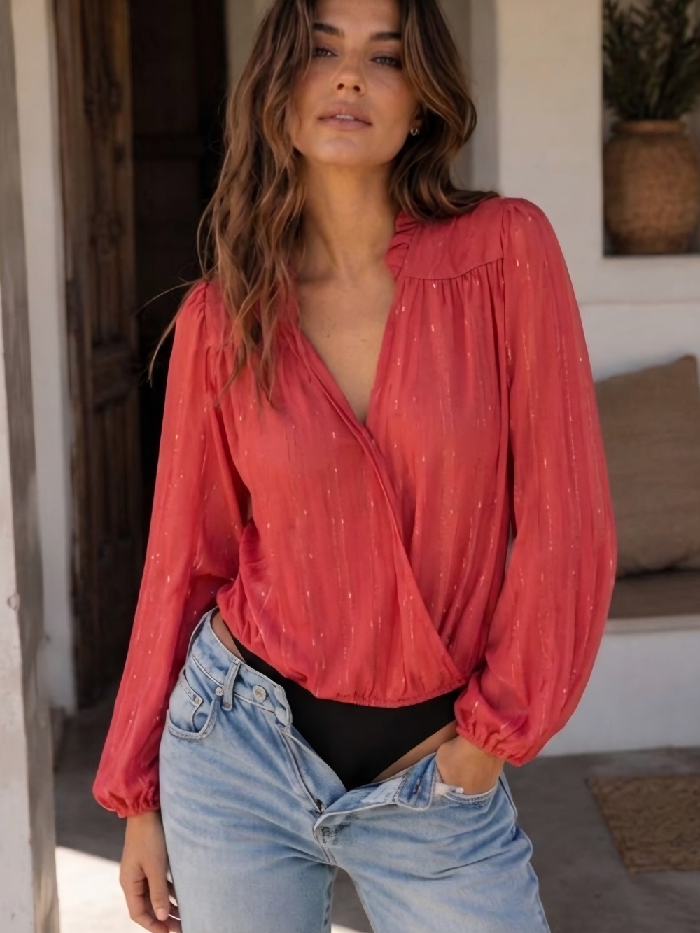 NWT Sz L Kori Red Wrap-Front Long Sleeve Bodysuit With Sequins